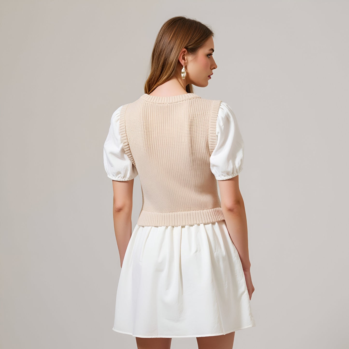 Cotton Puff Sleeve Knitted Sleeveless Sweater Mini Dress