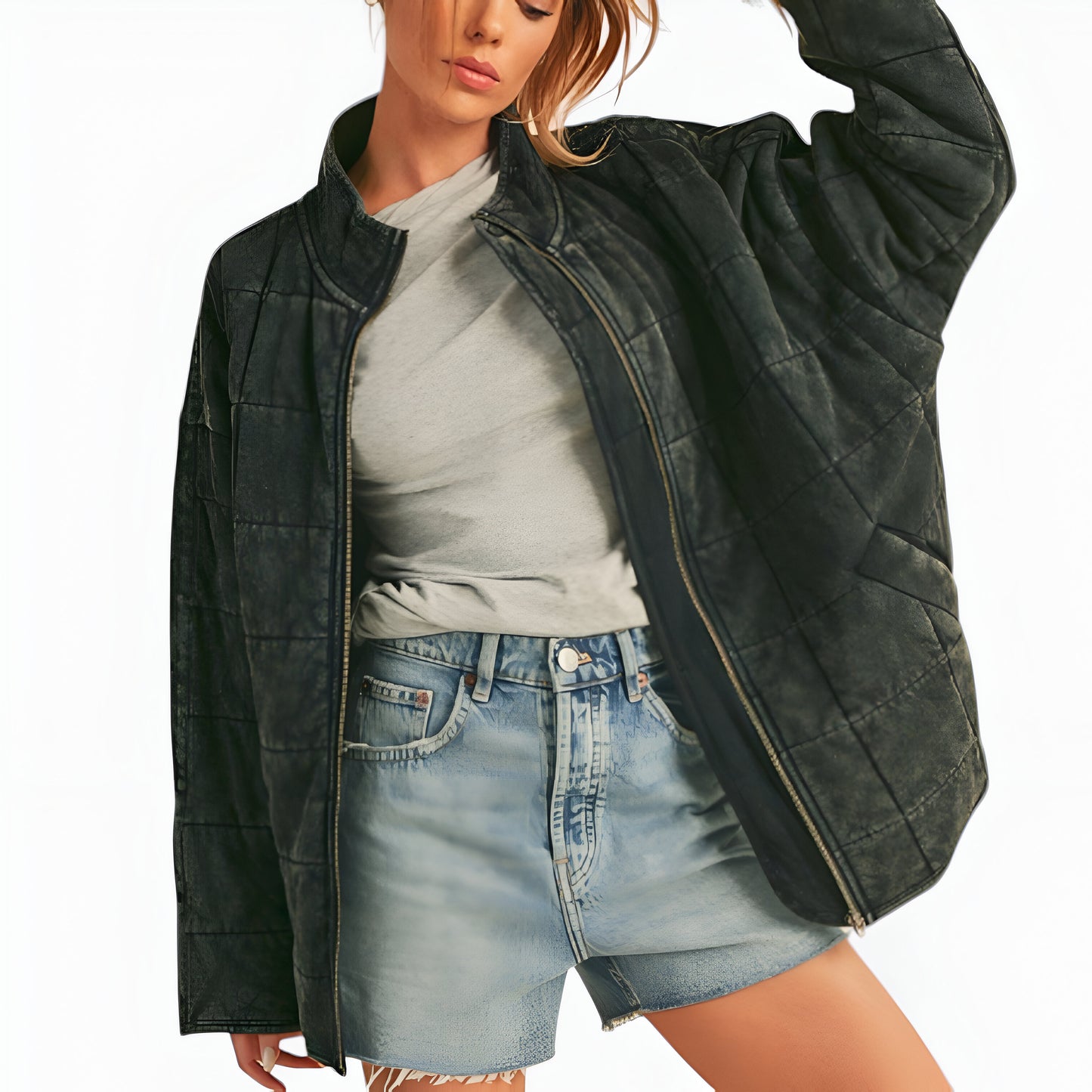 Quilted Zip-Up Jacket with Stand Collar and Square Stitch Detailing