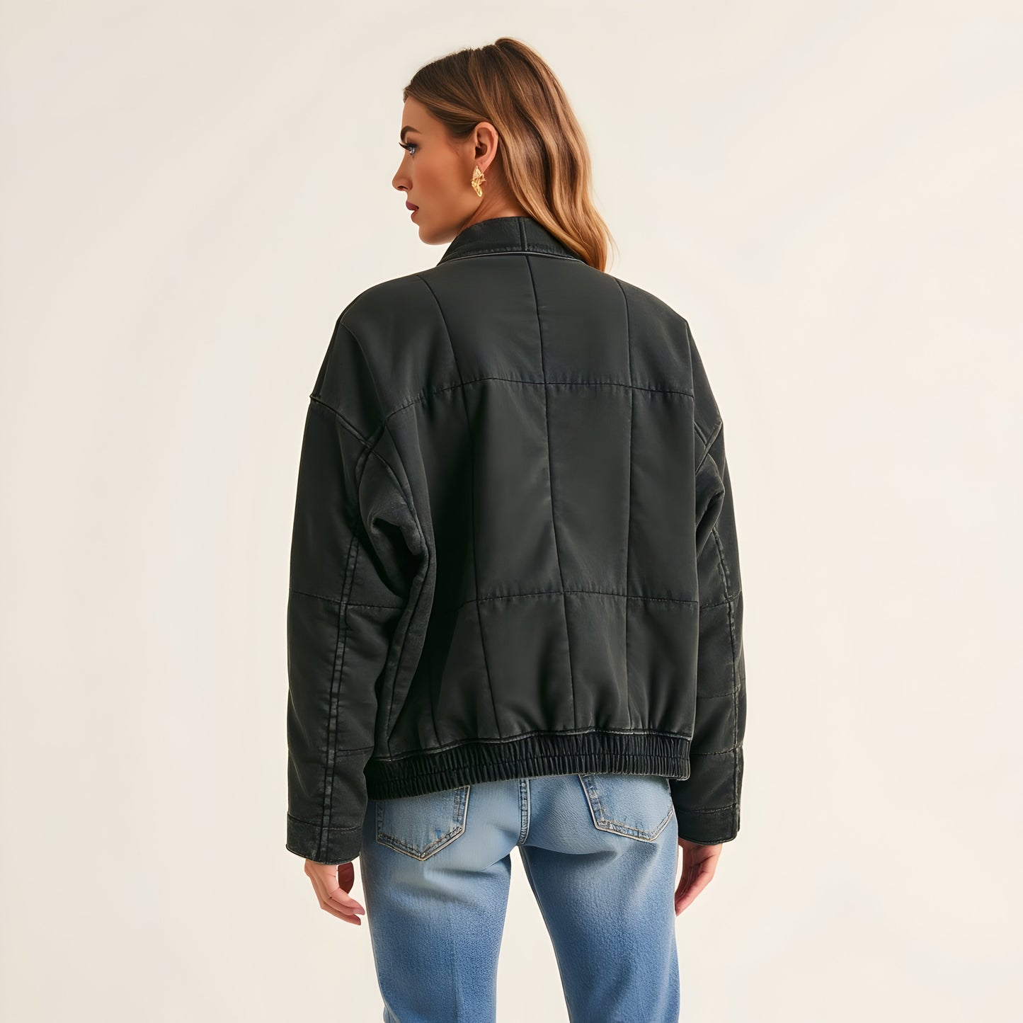 Quilted Zip-Up Jacket with Stand Collar and Square Stitch Detailing