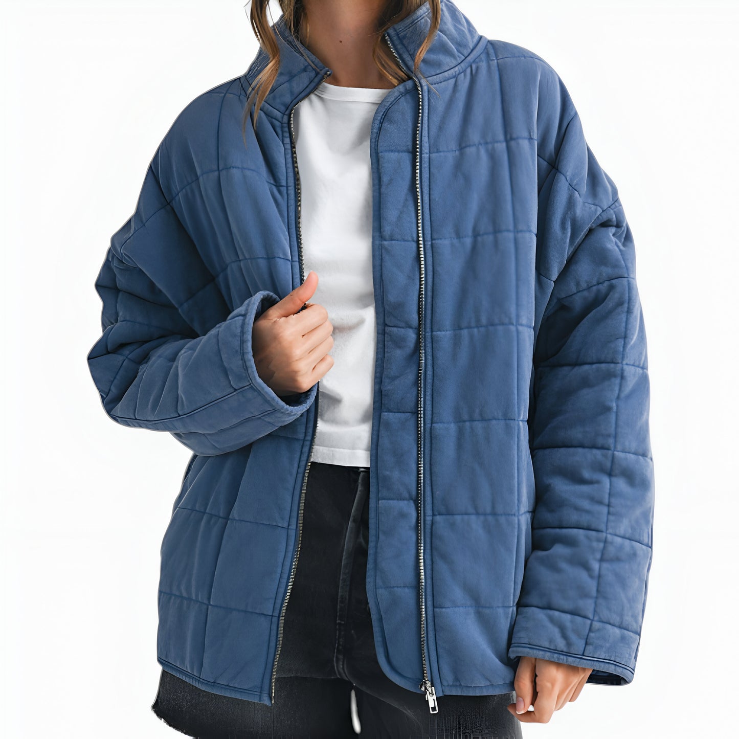 Quilted Zip-Up Jacket with Stand Collar and Square Stitch Detailing