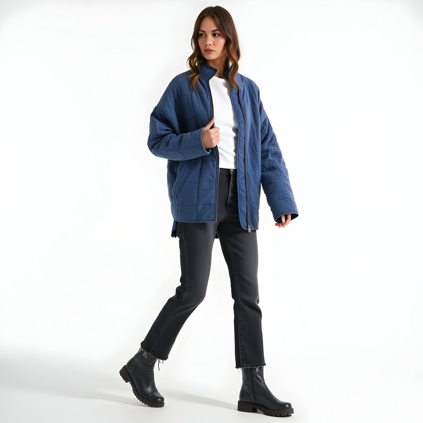 Quilted Zip-Up Jacket with Stand Collar and Square Stitch Detailing