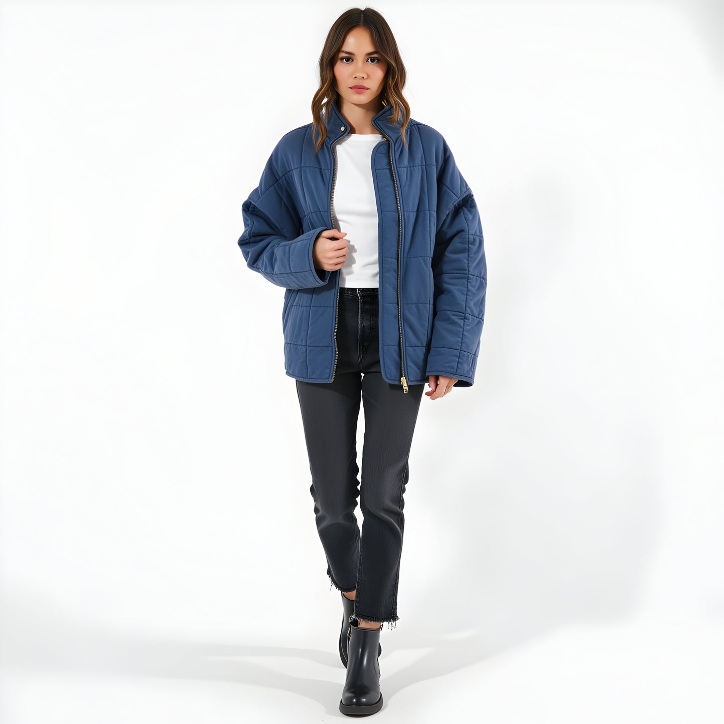 Quilted Zip-Up Jacket with Stand Collar and Square Stitch Detailing