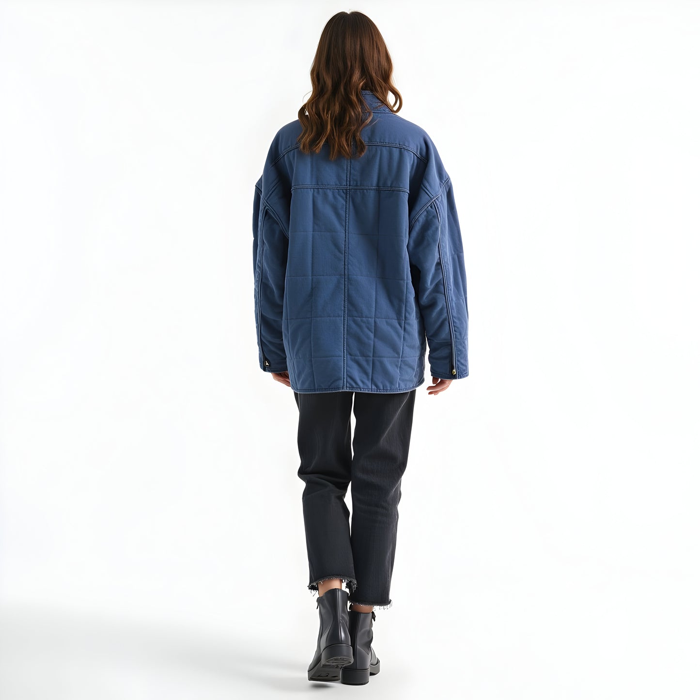 Quilted Zip-Up Jacket with Stand Collar and Square Stitch Detailing