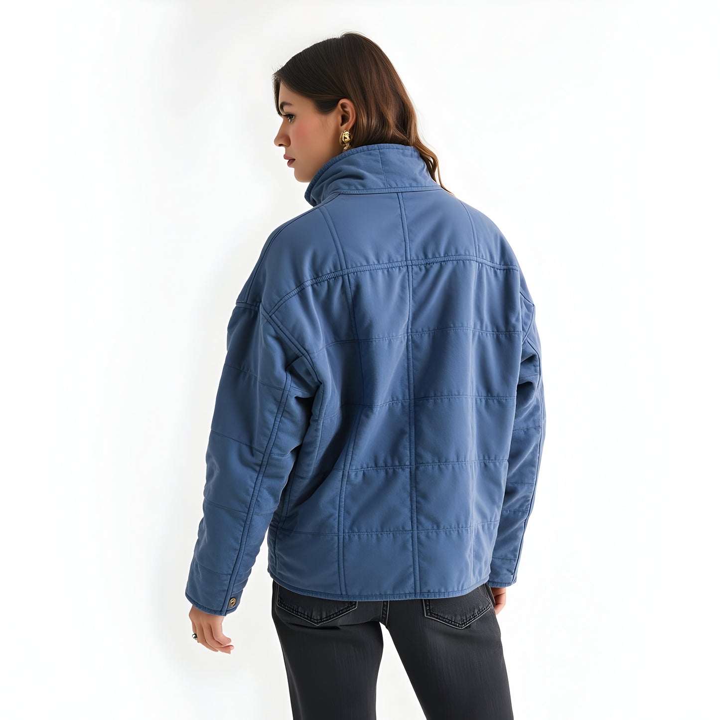 Quilted Zip-Up Jacket with Stand Collar and Square Stitch Detailing