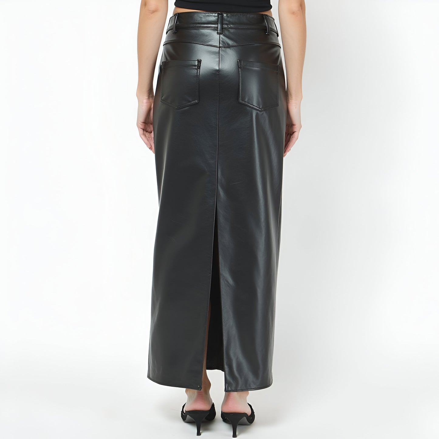 Faux Leather Maxi Skirt with Back Slit, Patch Pockets and High Waistband