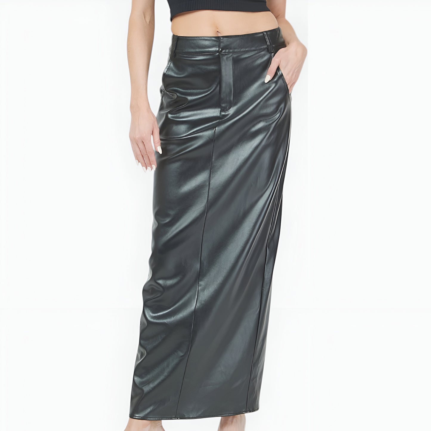 Faux Leather Maxi Skirt with Back Slit, Patch Pockets and High Waistband