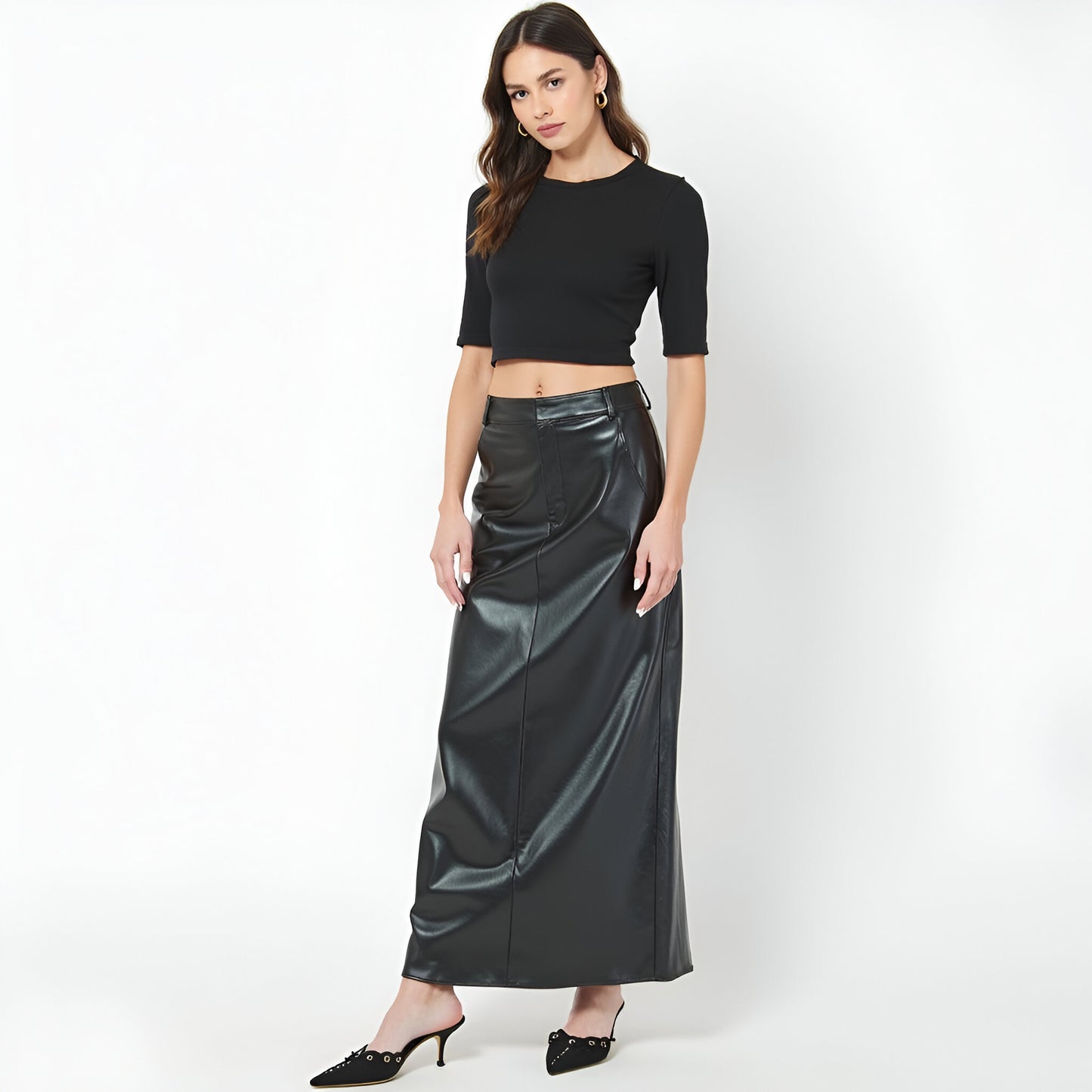 Faux Leather Maxi Skirt with Back Slit, Patch Pockets and High Waistband