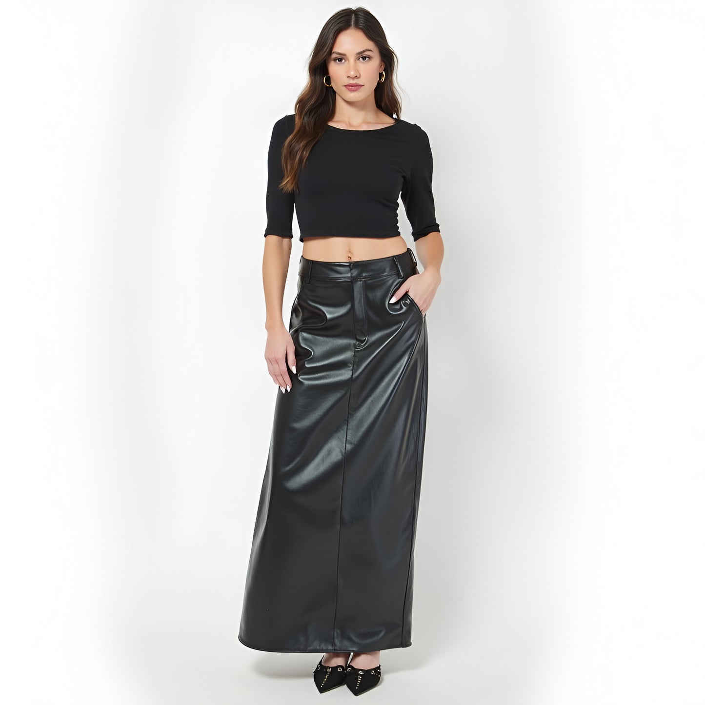 Faux Leather Maxi Skirt with Back Slit, Patch Pockets and High Waistband