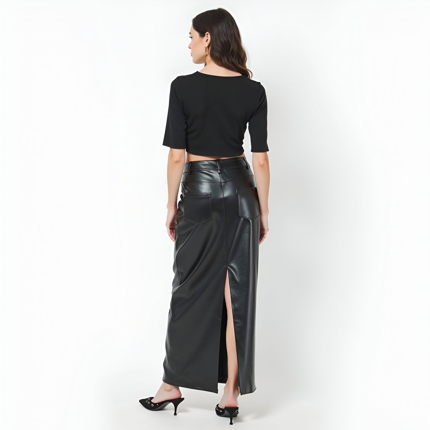 Faux Leather Maxi Skirt with Back Slit, Patch Pockets and High Waistband