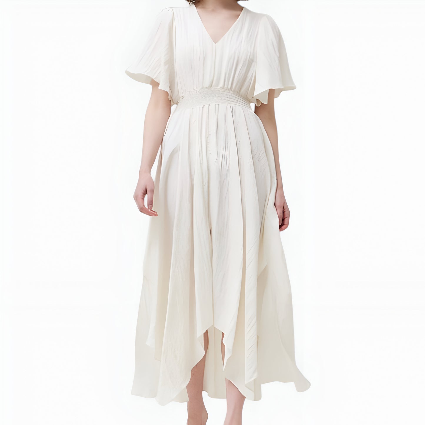 V-Neck Midi Dress with Flutter Sleeves and Handkerchief Hem Detail