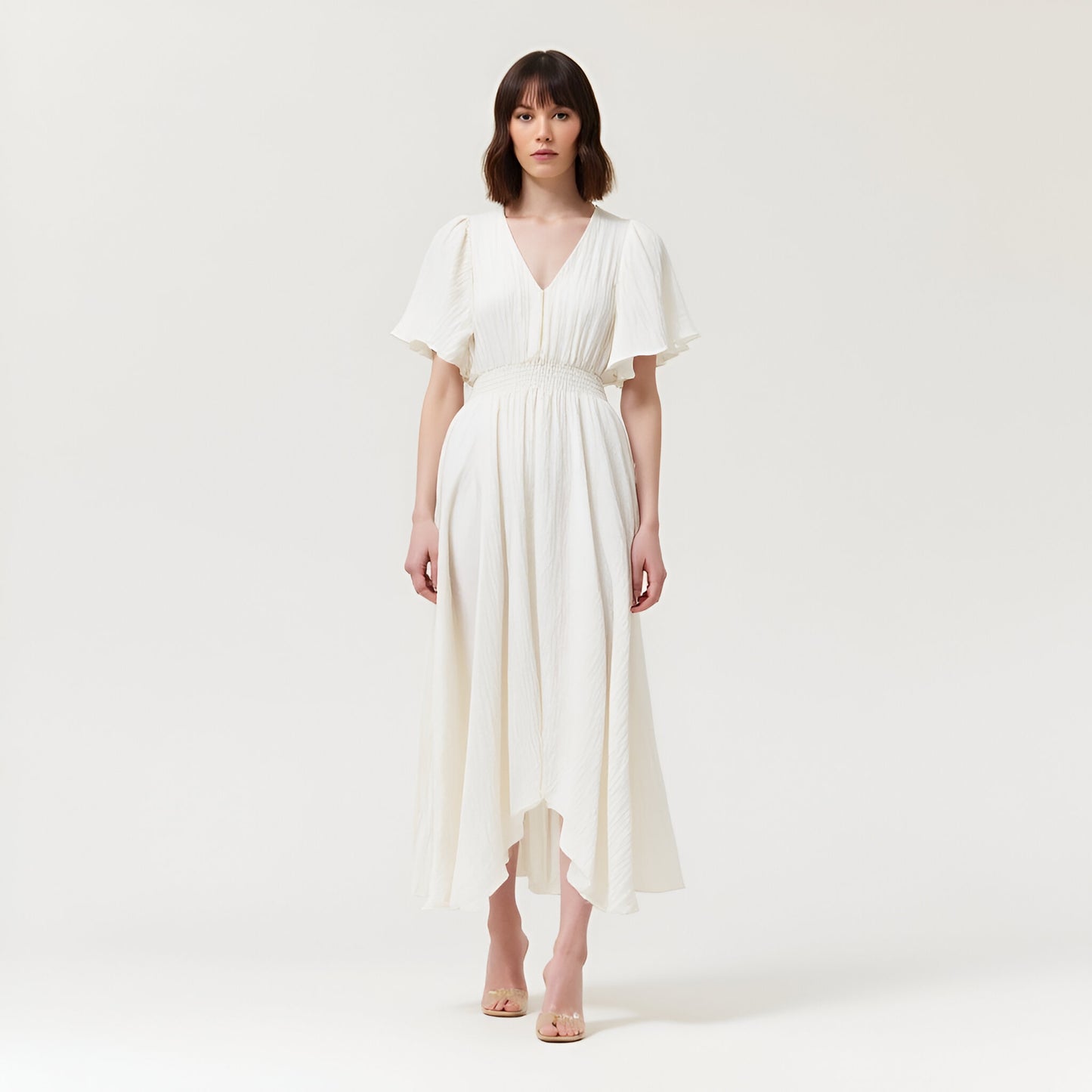 V-Neck Midi Dress with Flutter Sleeves and Handkerchief Hem Detail