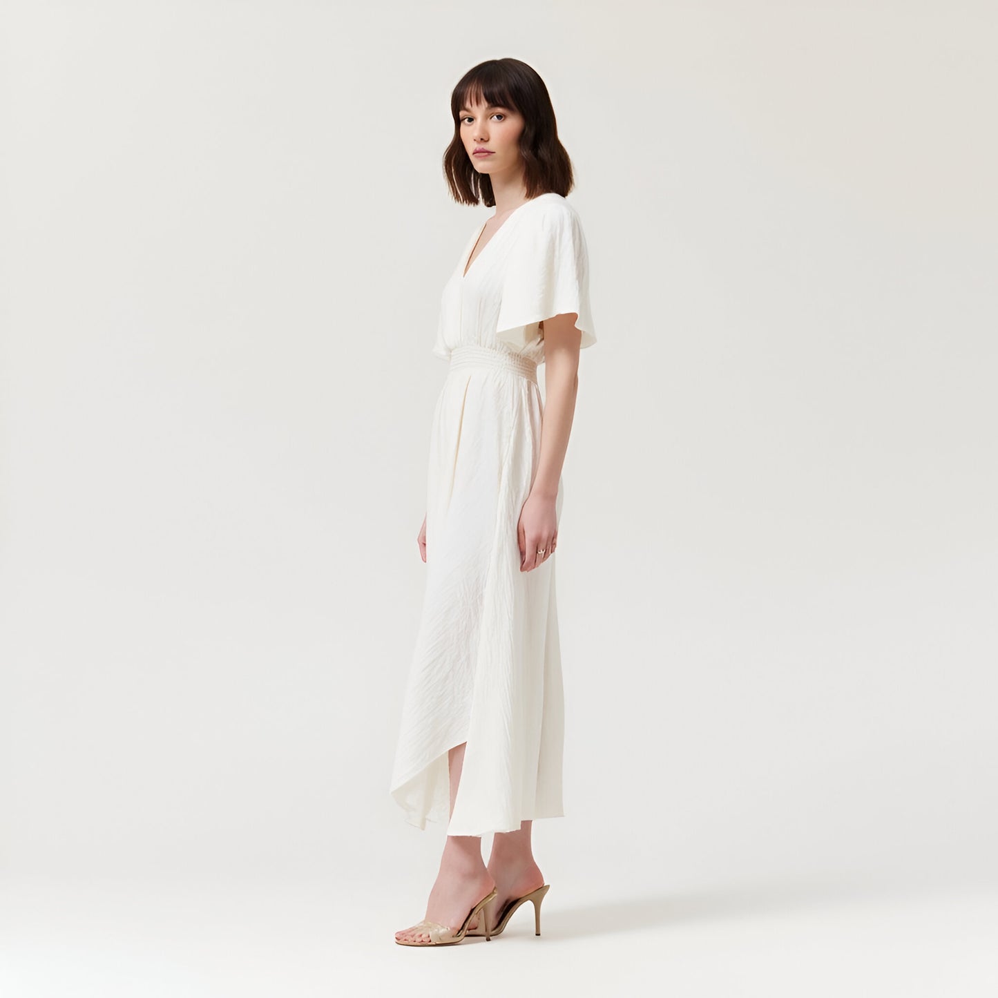 V-Neck Midi Dress with Flutter Sleeves and Handkerchief Hem Detail