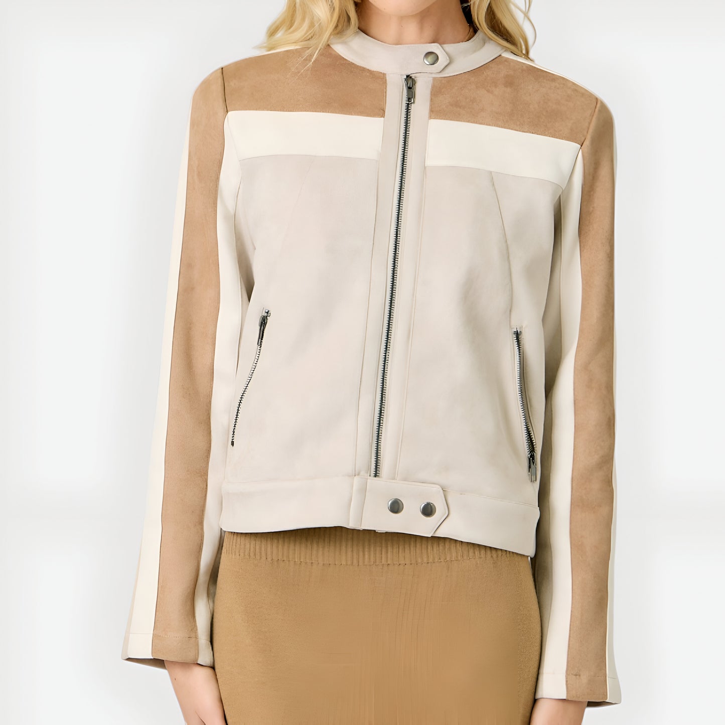 Colorblock Zip Front Jacket with Stand Collar and Zippered Pockets