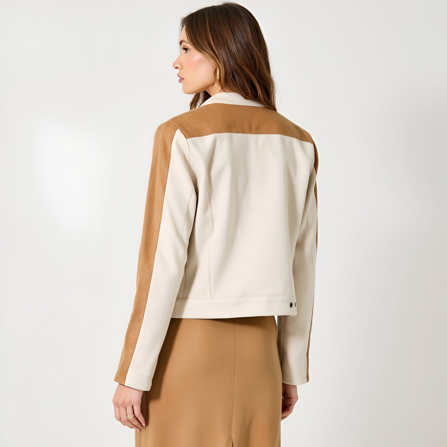 Colorblock Zip Front Jacket with Stand Collar and Zippered Pockets