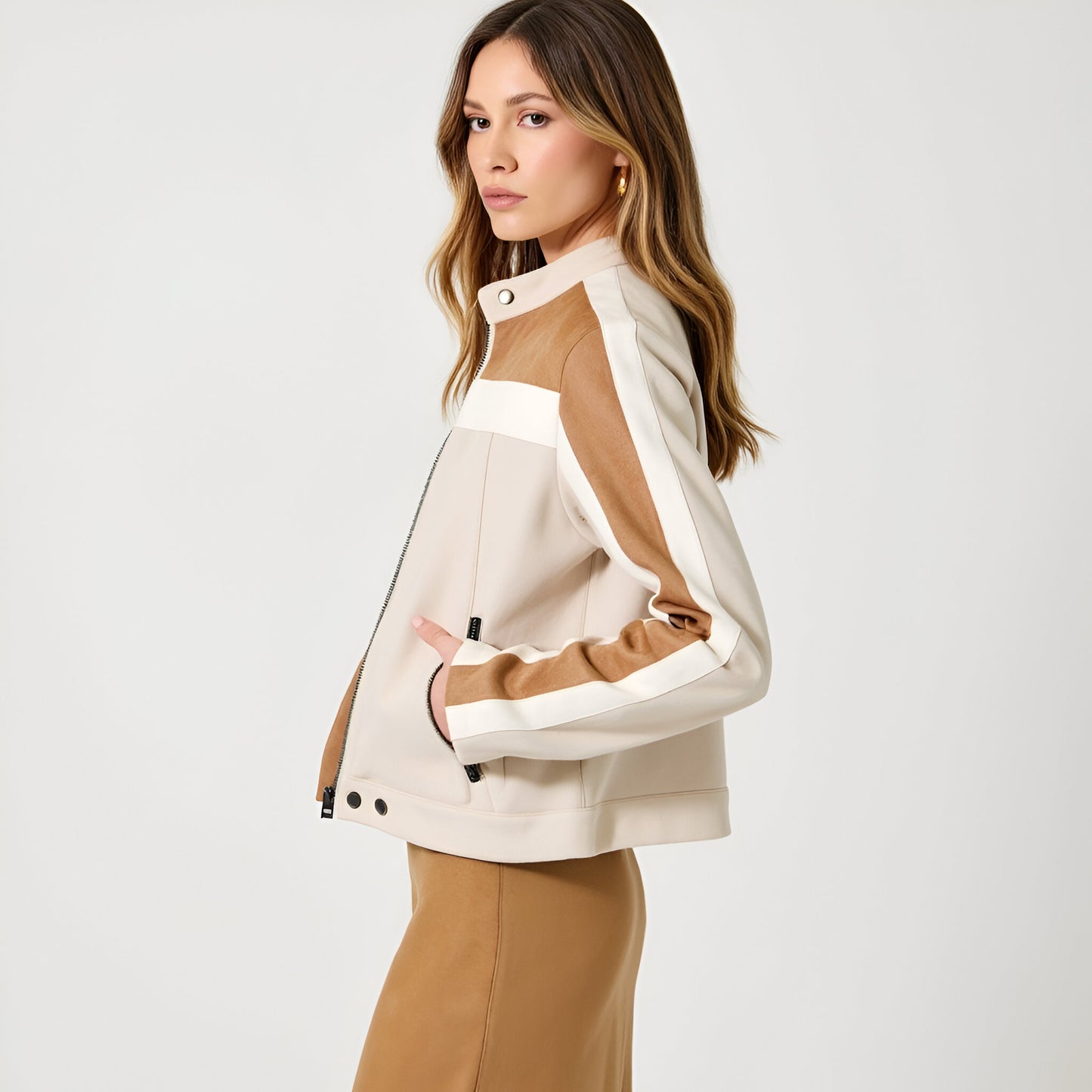 Colorblock Zip Front Jacket with Stand Collar and Zippered Pockets