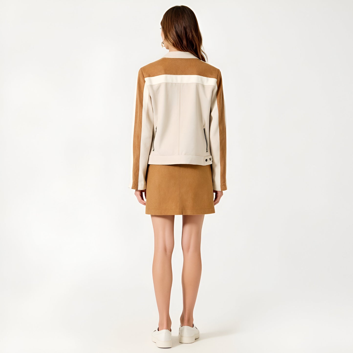 Colorblock Zip Front Jacket with Stand Collar and Zippered Pockets