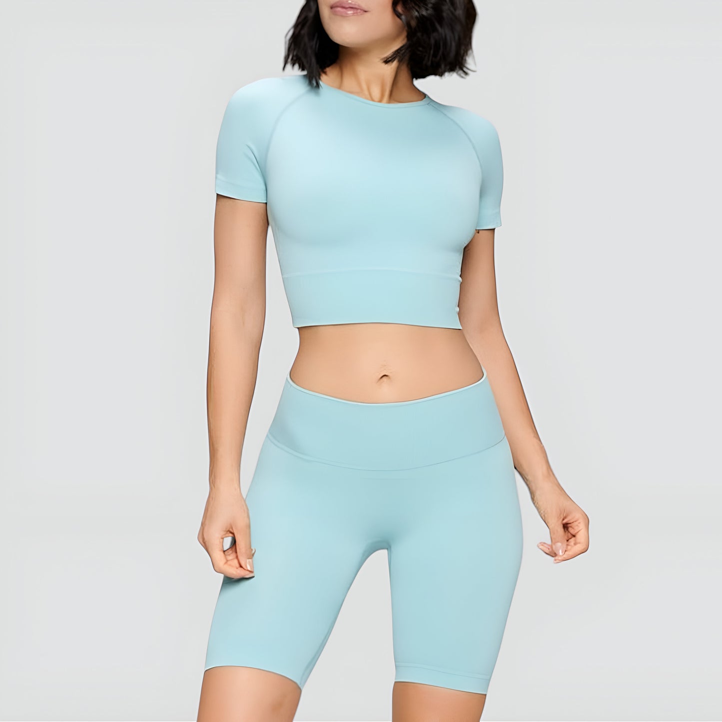 Short Sleeve Crop Top and High Waist Biker Shorts Seamless Activewear Set
