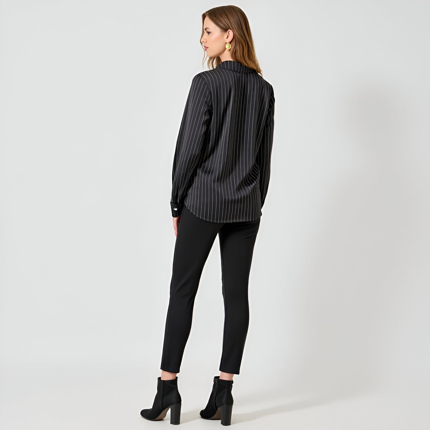 Pinstripe Satin Blouse with Wrap Front and Collared Neckline