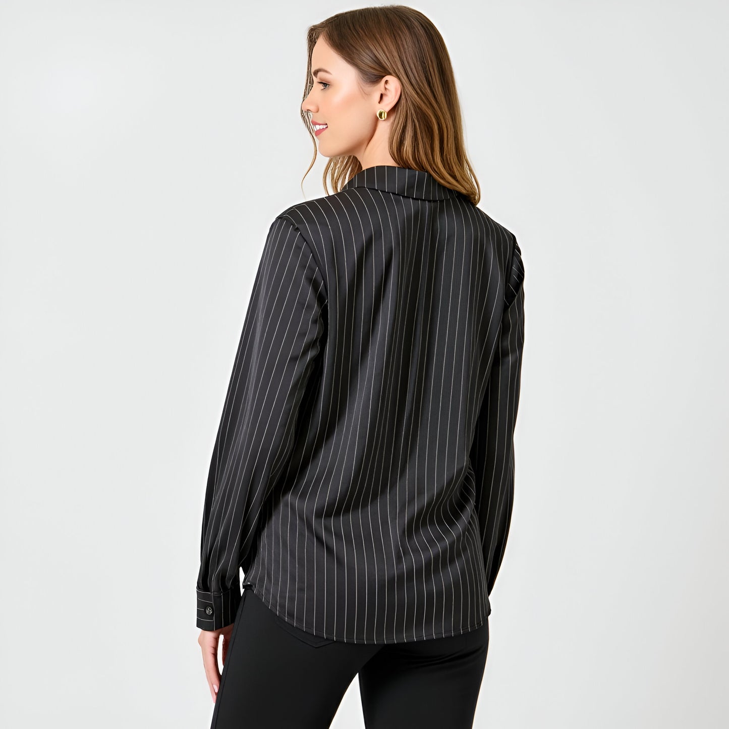 Pinstripe Satin Blouse with Wrap Front and Collared Neckline