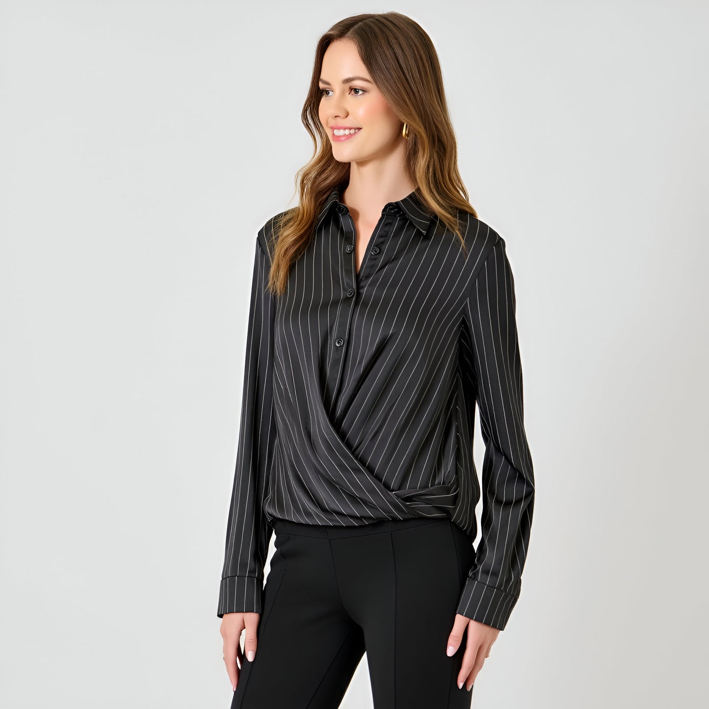 Pinstripe Satin Blouse with Wrap Front and Collared Neckline