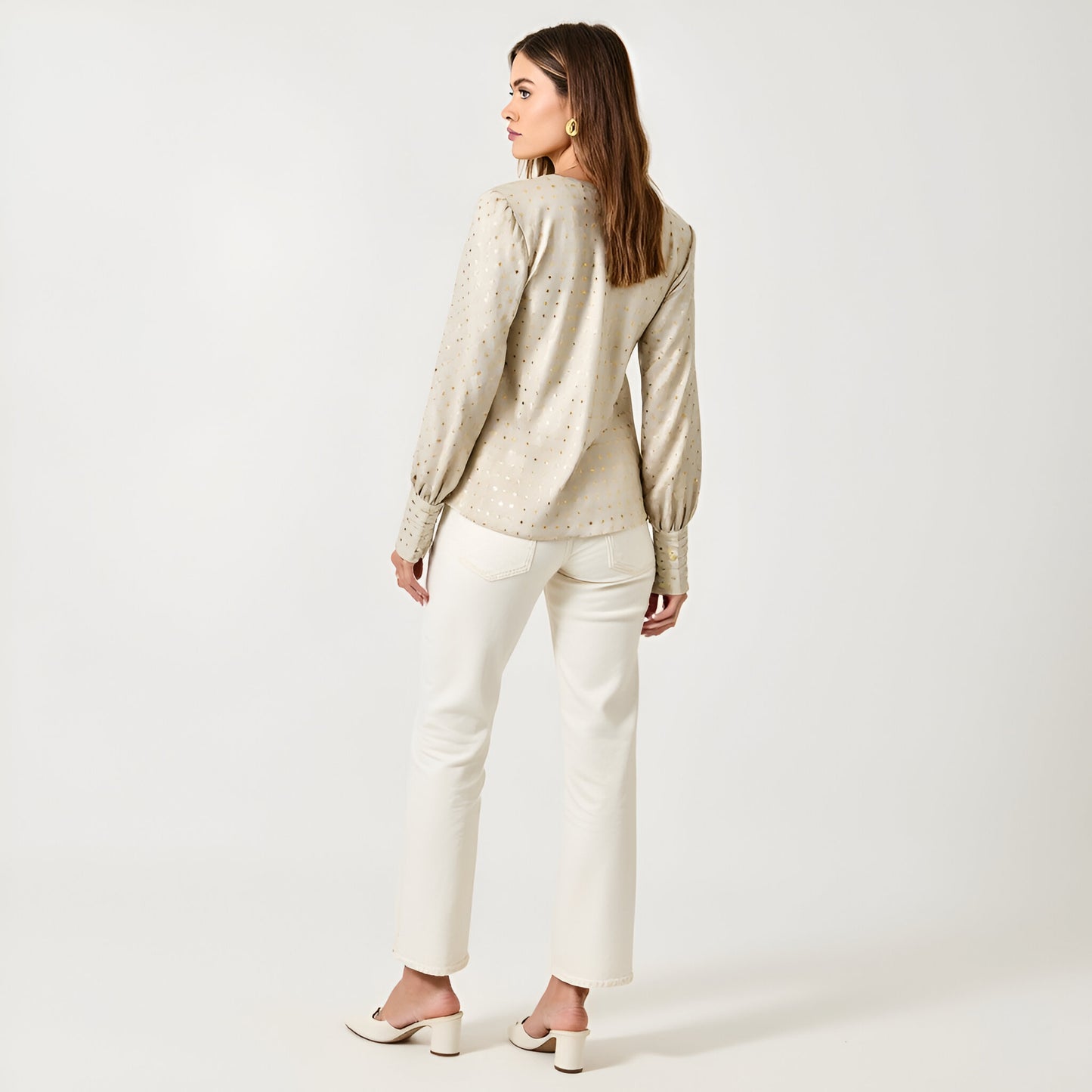 Metallic Dot Satin Blouse with Cowl Neck and Long Sleeves