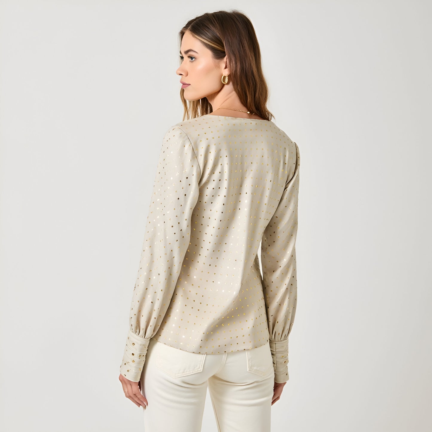 Metallic Dot Satin Blouse with Cowl Neck and Long Sleeves