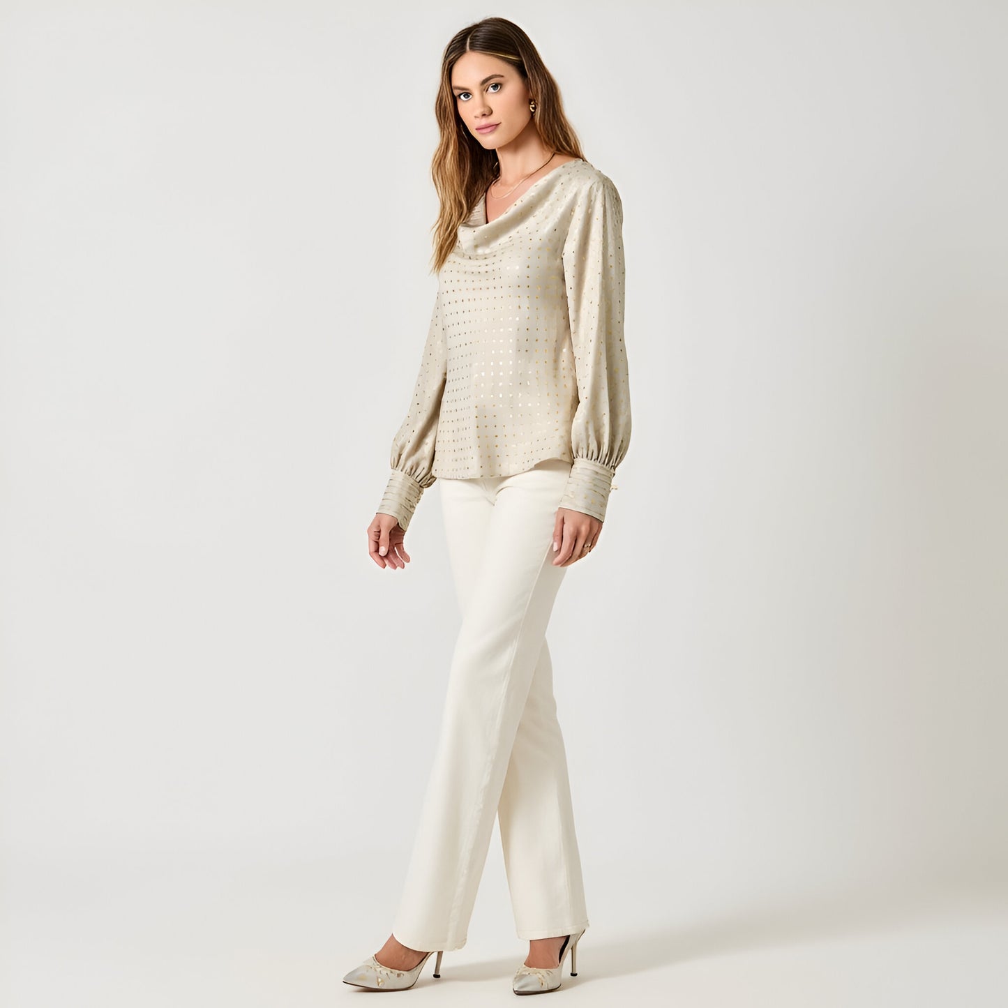Metallic Dot Satin Blouse with Cowl Neck and Long Sleeves
