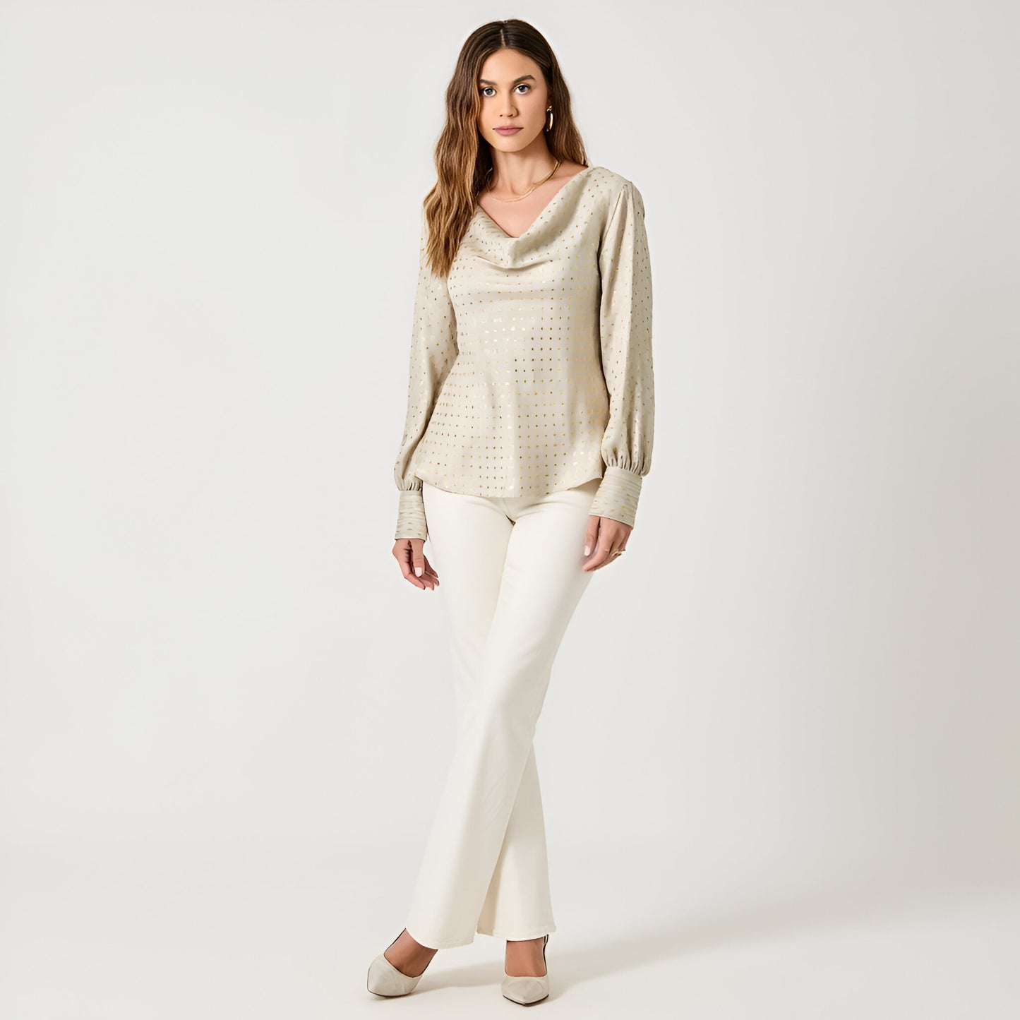 Metallic Dot Satin Blouse with Cowl Neck and Long Sleeves