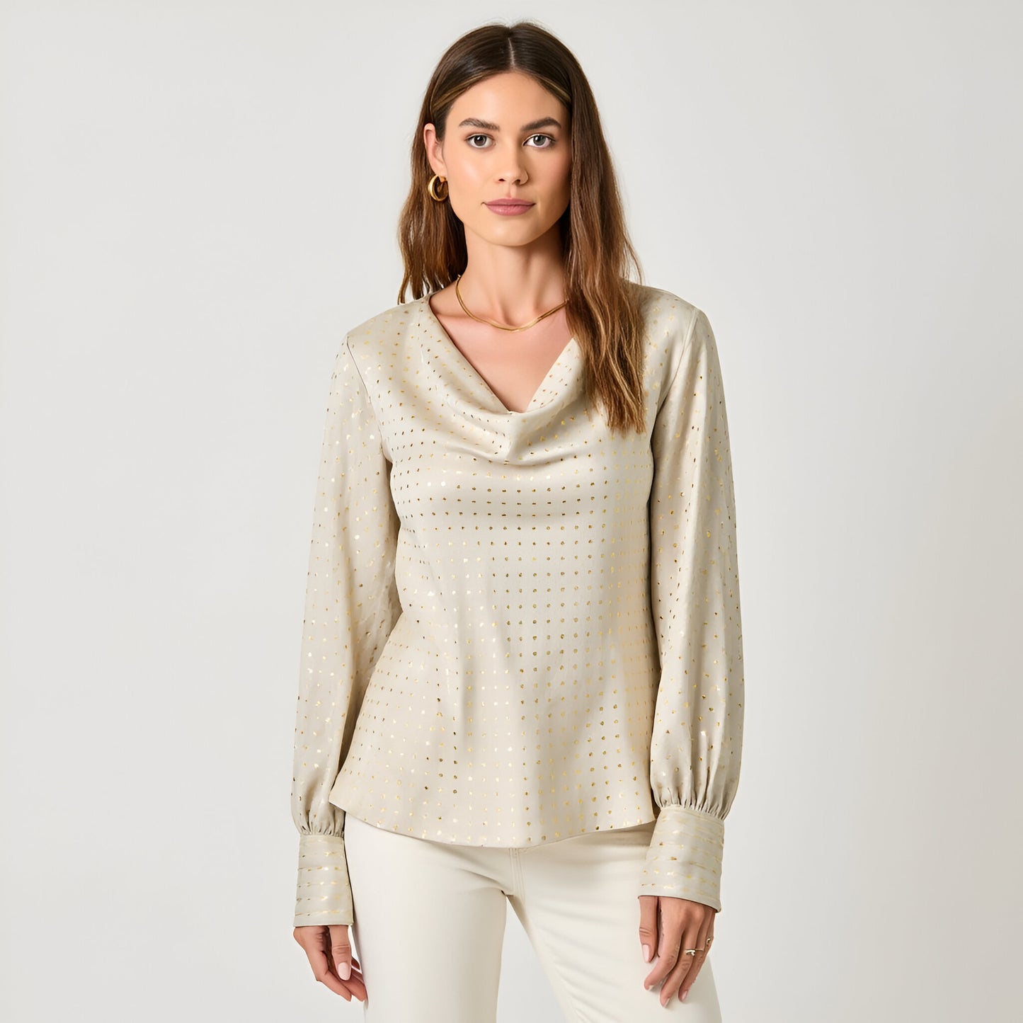 Metallic Dot Satin Blouse with Cowl Neck and Long Sleeves