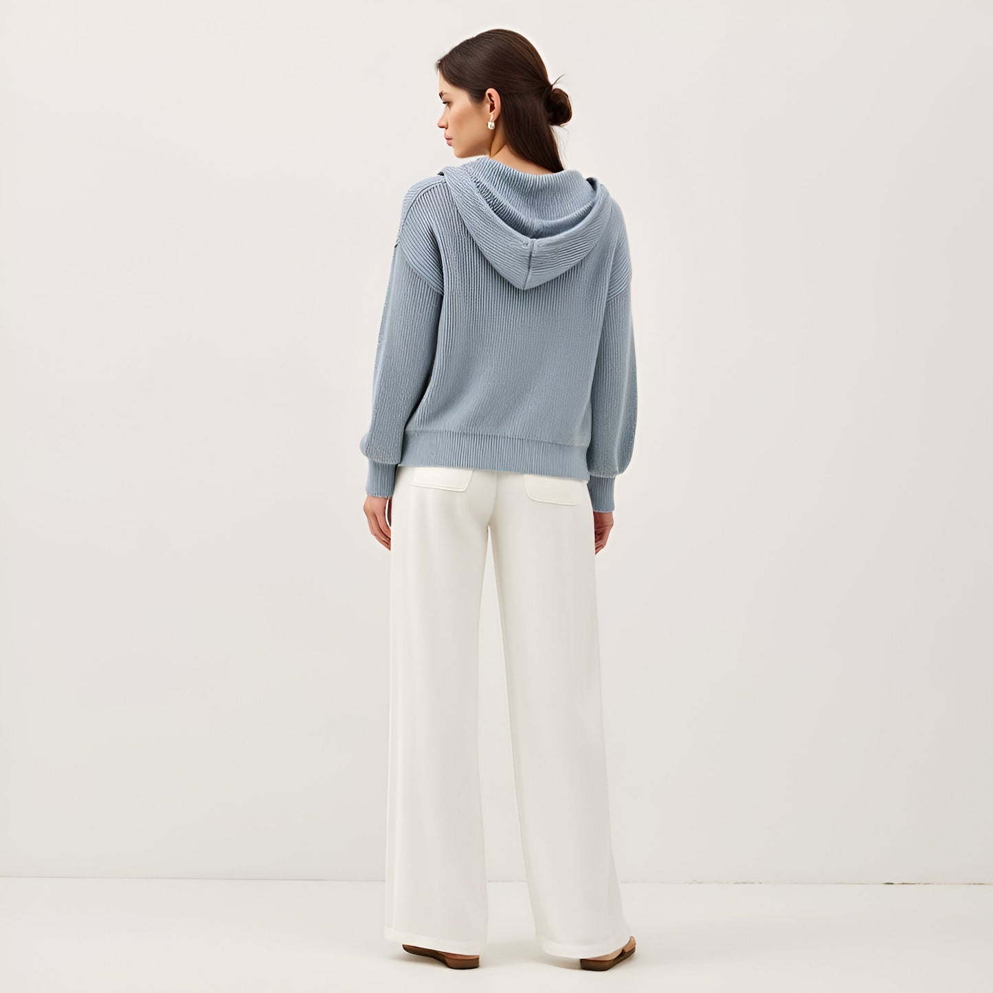 Button-Front Knit Hoodie with Ribbed Hem & Relaxed Drop Shoulders