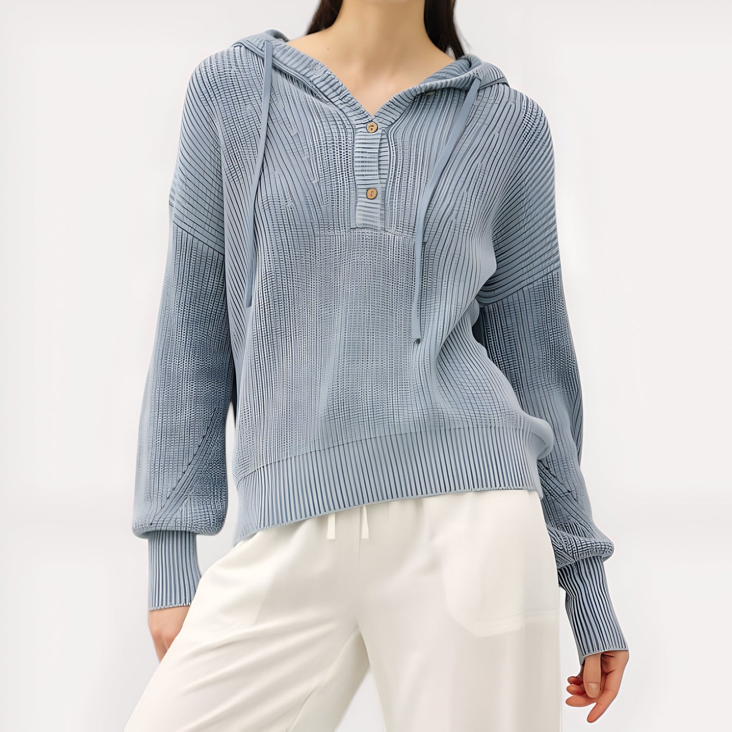 Button-Front Knit Hoodie with Ribbed Hem & Relaxed Drop Shoulders