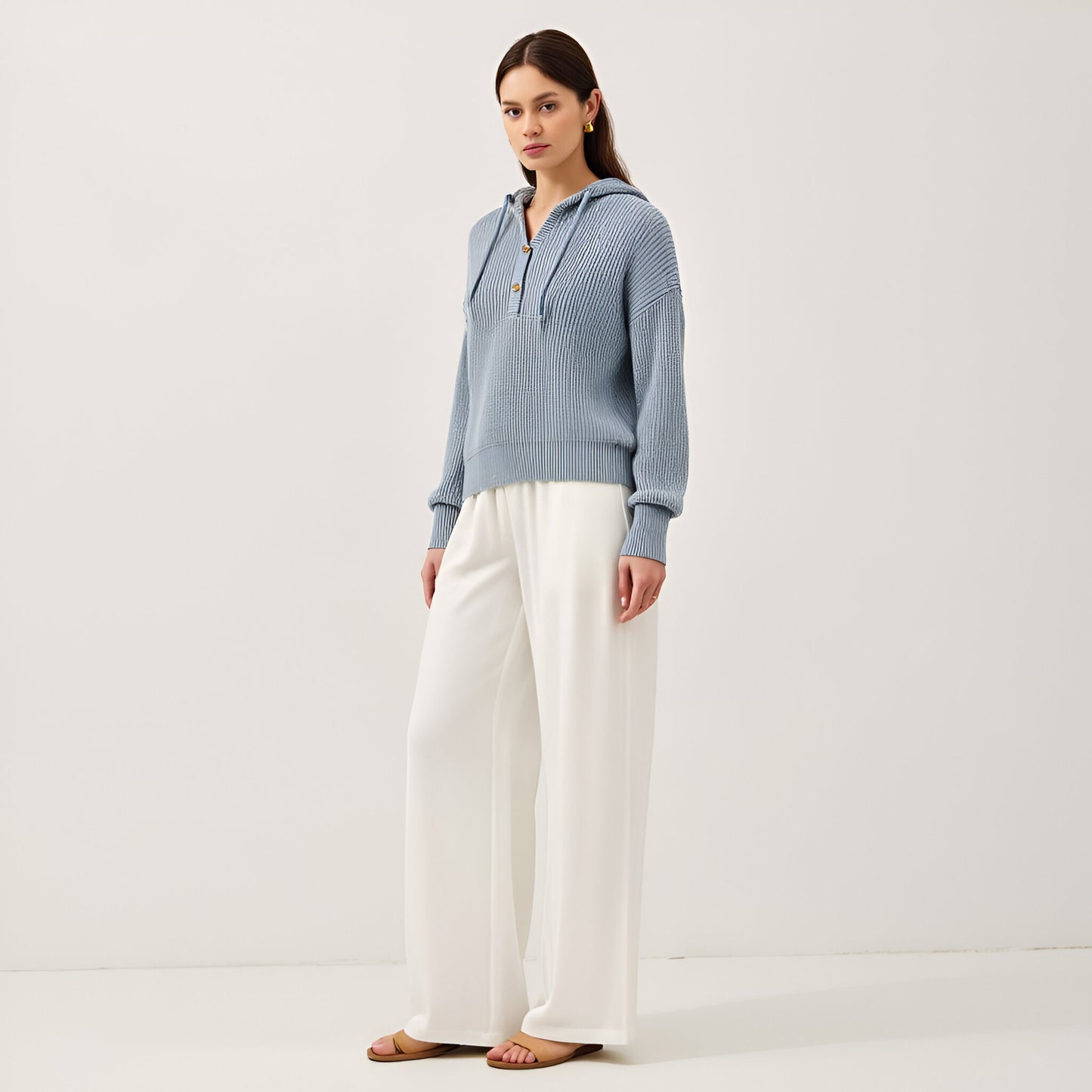 Button-Front Knit Hoodie with Ribbed Hem & Relaxed Drop Shoulders