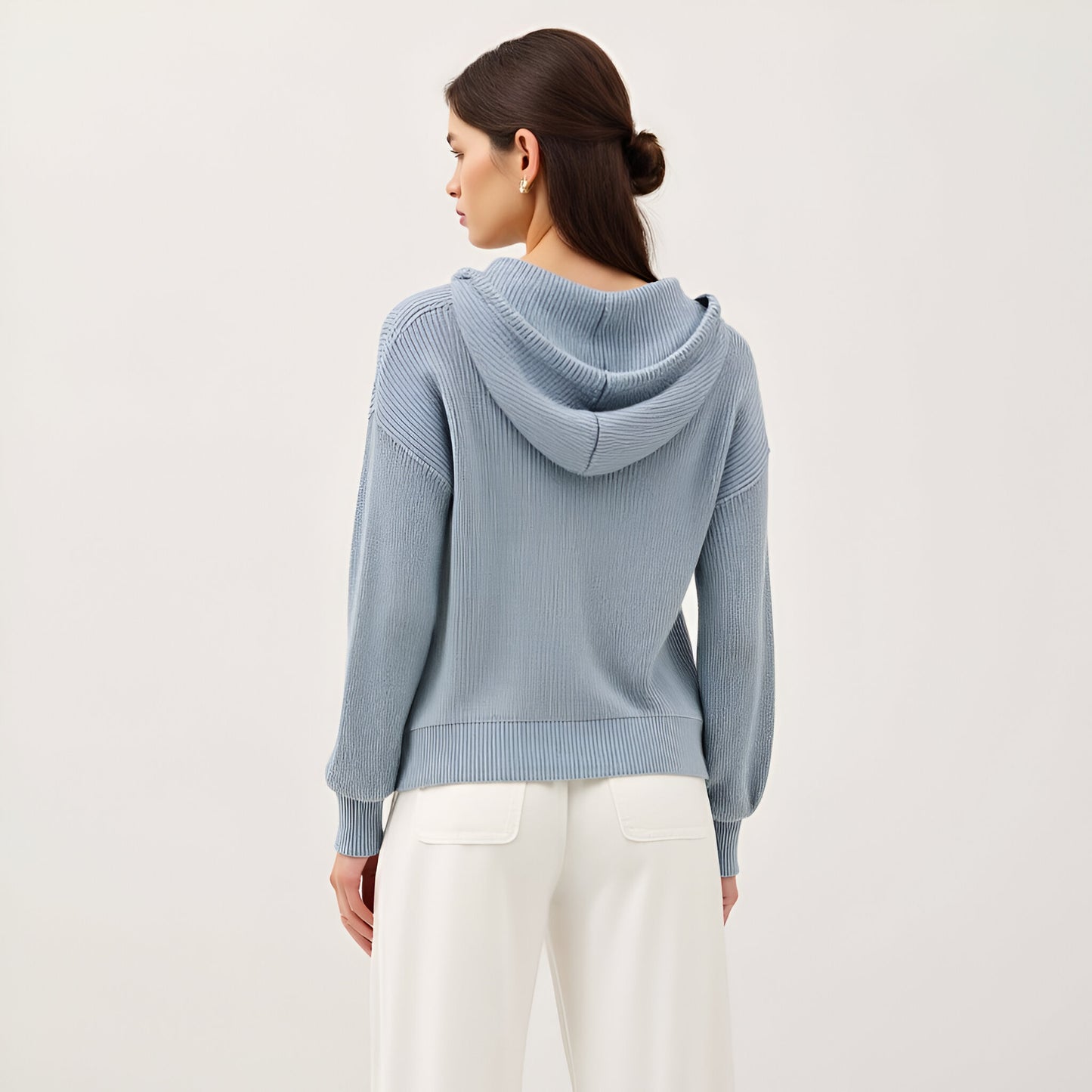 Button-Front Knit Hoodie with Ribbed Hem & Relaxed Drop Shoulders