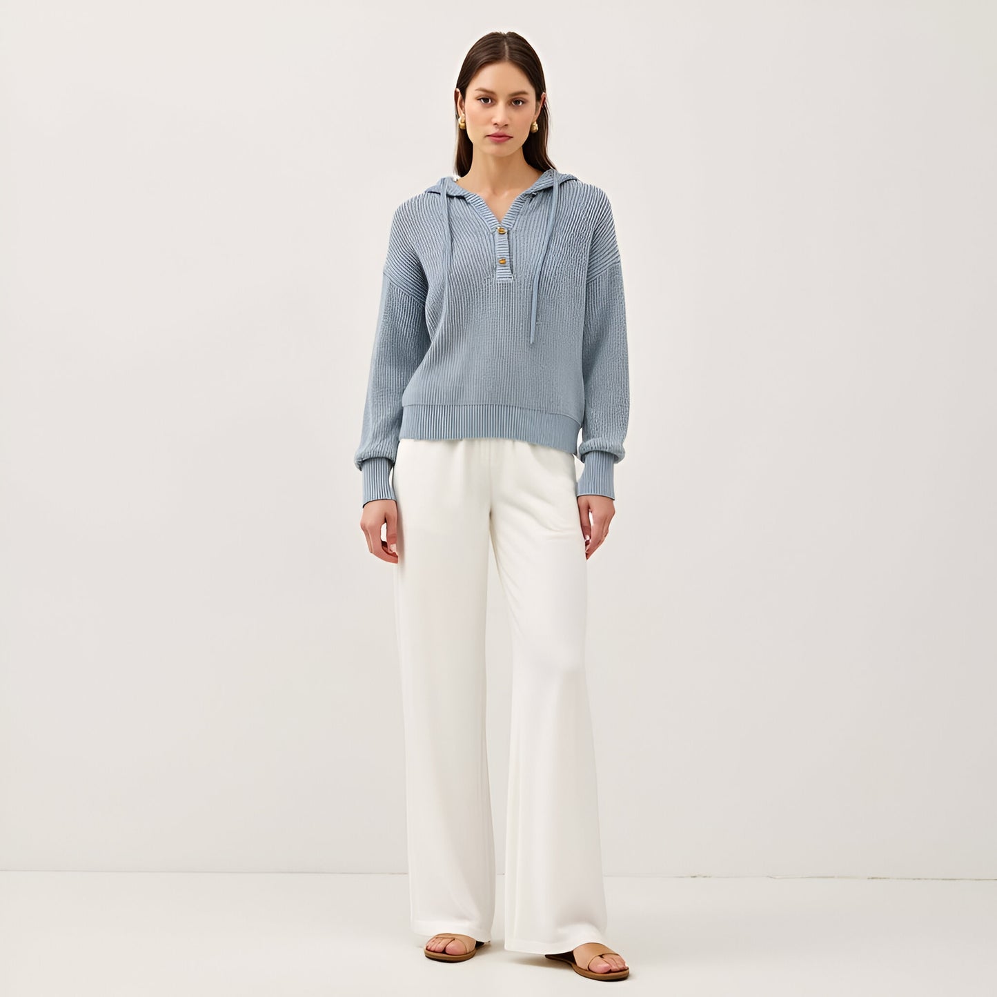 Button-Front Knit Hoodie with Ribbed Hem & Relaxed Drop Shoulders