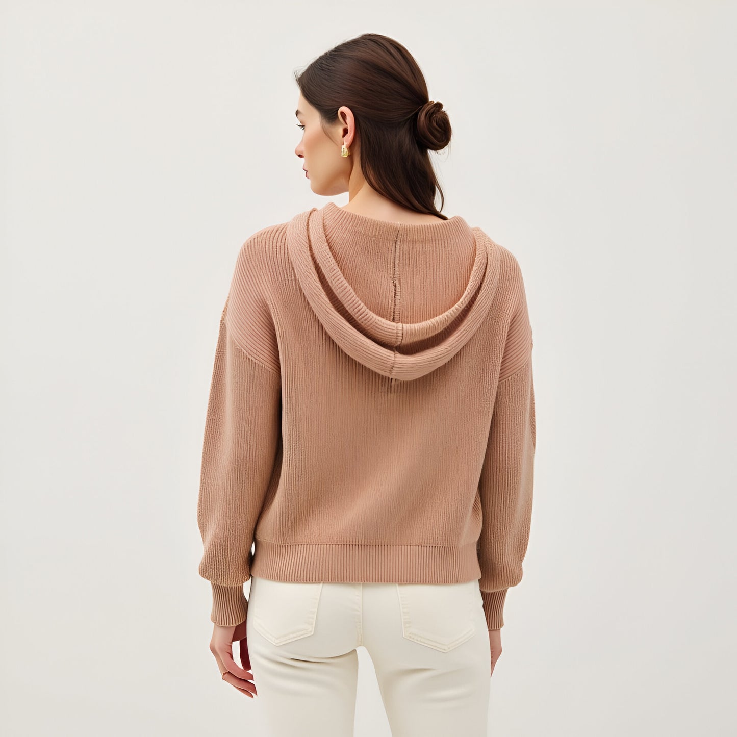 Button-Front Knit Hoodie with Ribbed Hem & Relaxed Drop Shoulders