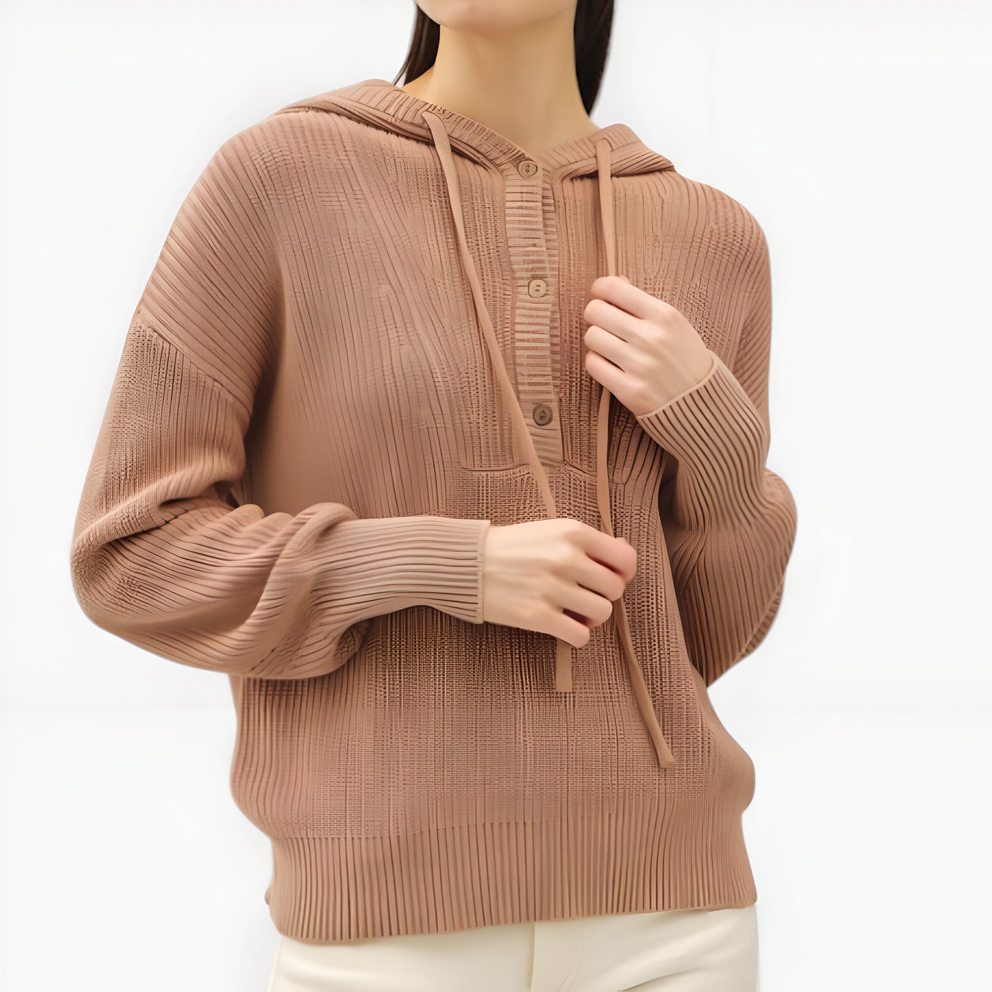 Button-Front Knit Hoodie with Ribbed Hem & Relaxed Drop Shoulders