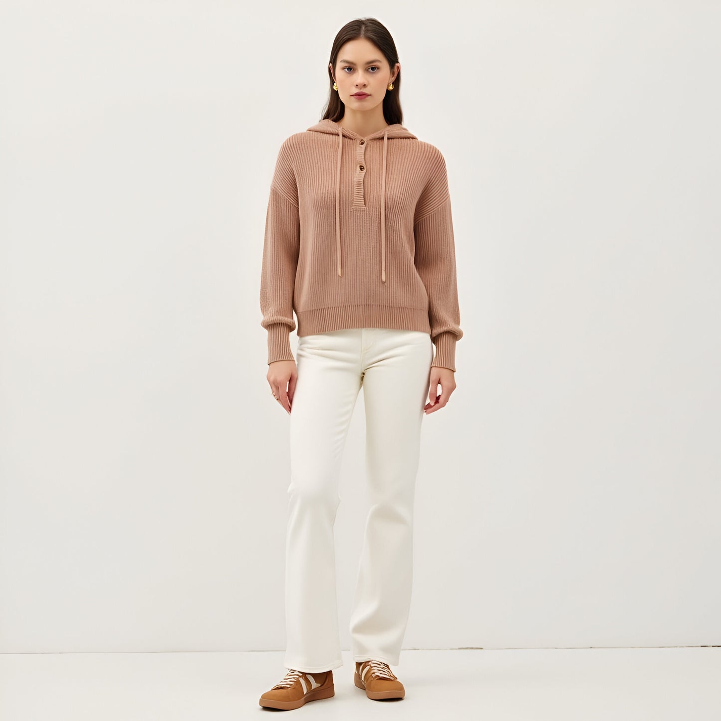 Button-Front Knit Hoodie with Ribbed Hem & Relaxed Drop Shoulders