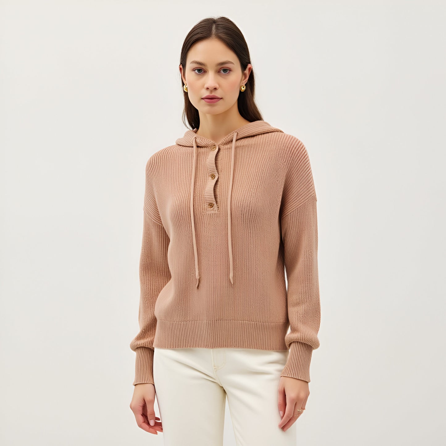 Button-Front Knit Hoodie with Ribbed Hem & Relaxed Drop Shoulders