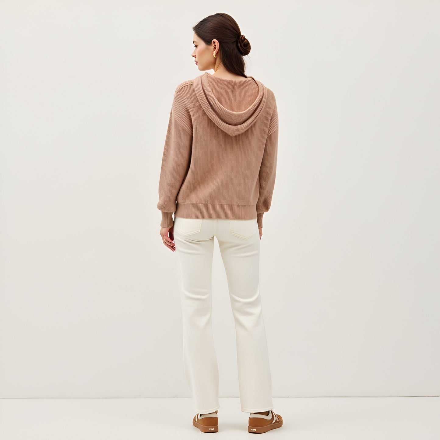 Button-Front Knit Hoodie with Ribbed Hem & Relaxed Drop Shoulders
