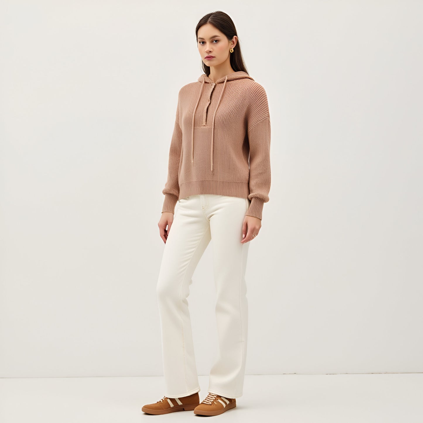 Button-Front Knit Hoodie with Ribbed Hem & Relaxed Drop Shoulders