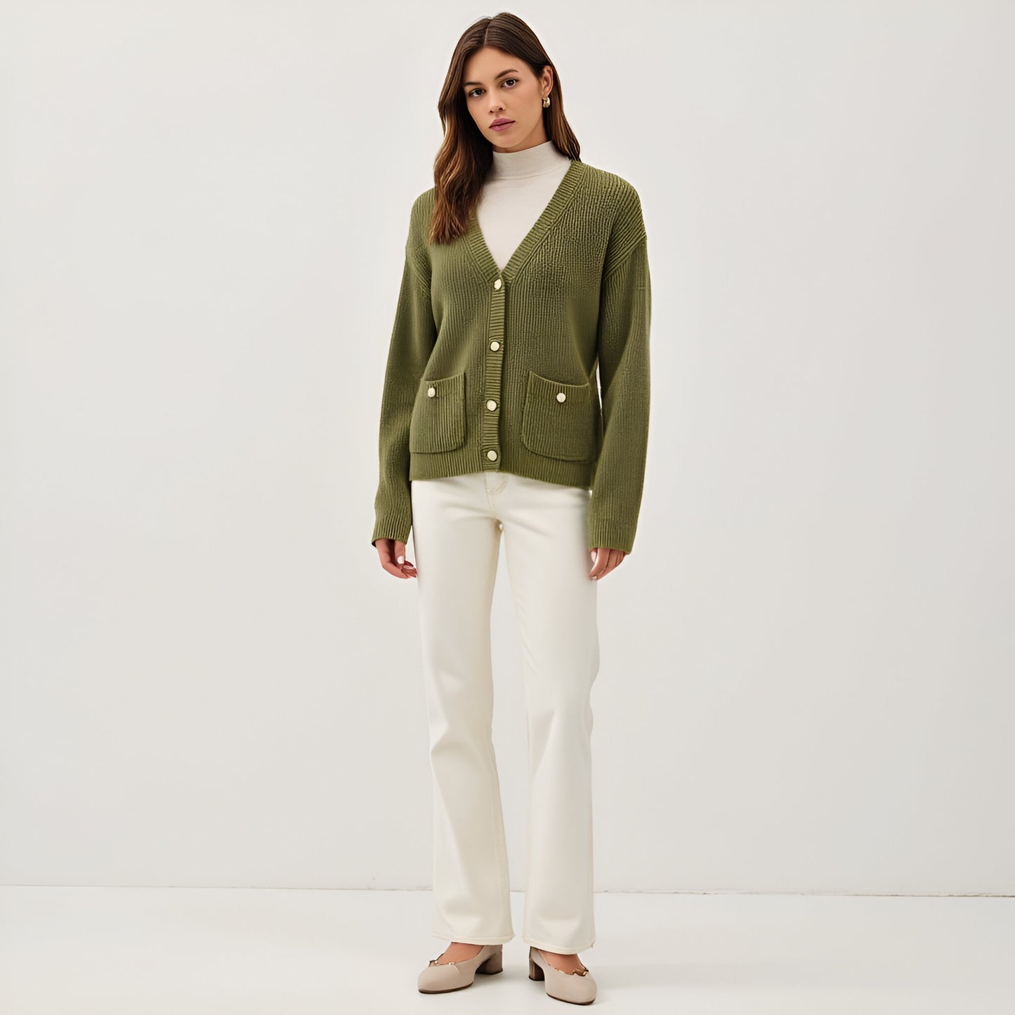 Ribbed Button-Down Cardigan with Front Pockets and Gold Buttons