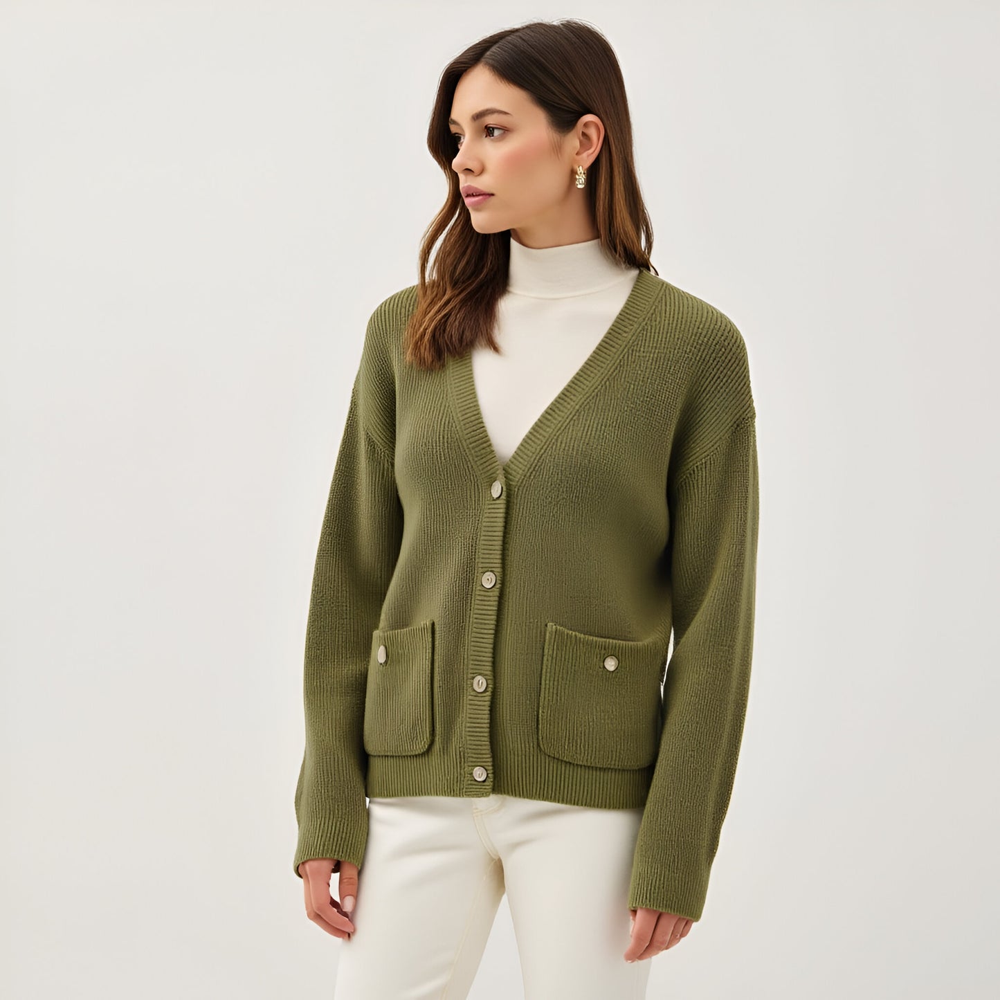 Ribbed Button-Down Cardigan with Front Pockets and Gold Buttons