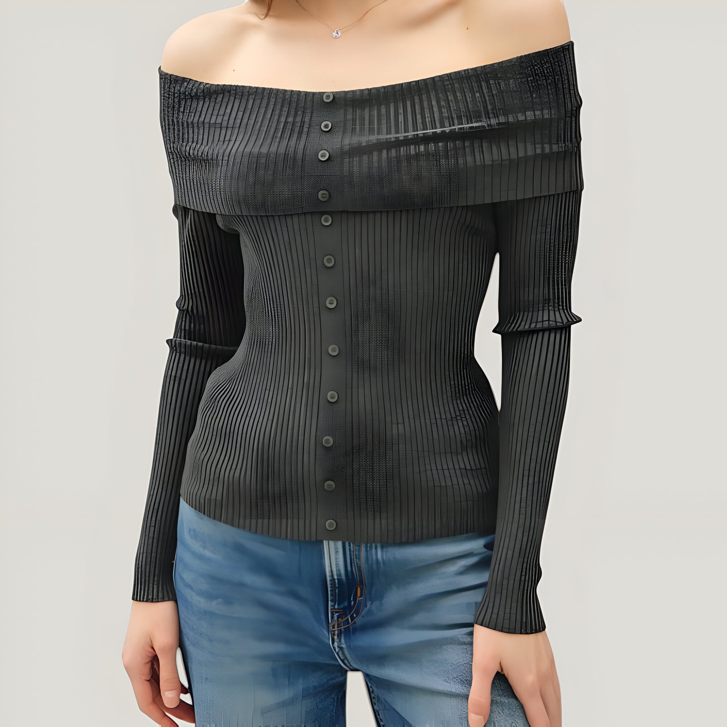 Ribbed Button-Up Long Sleeve Top with Roll Shoulder Detail