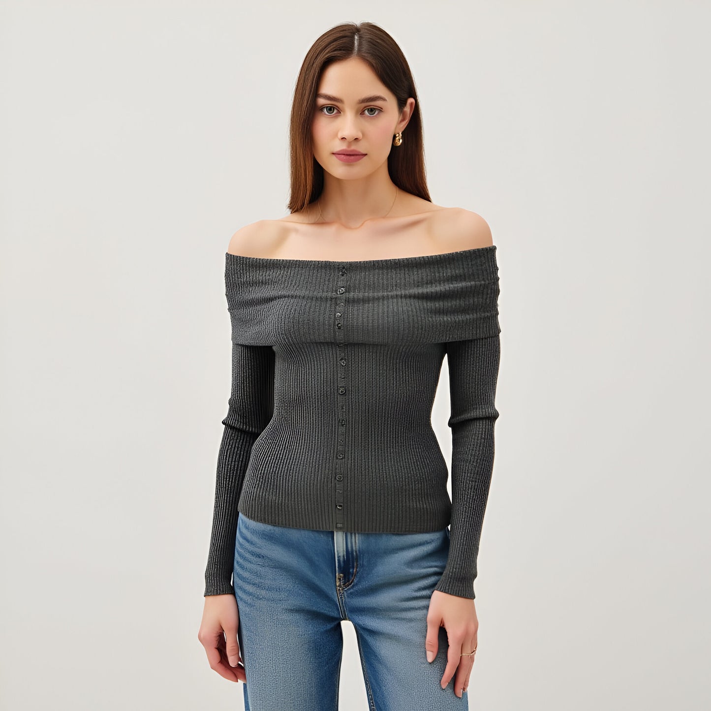 Ribbed Button-Up Long Sleeve Top with Roll Shoulder Detail
