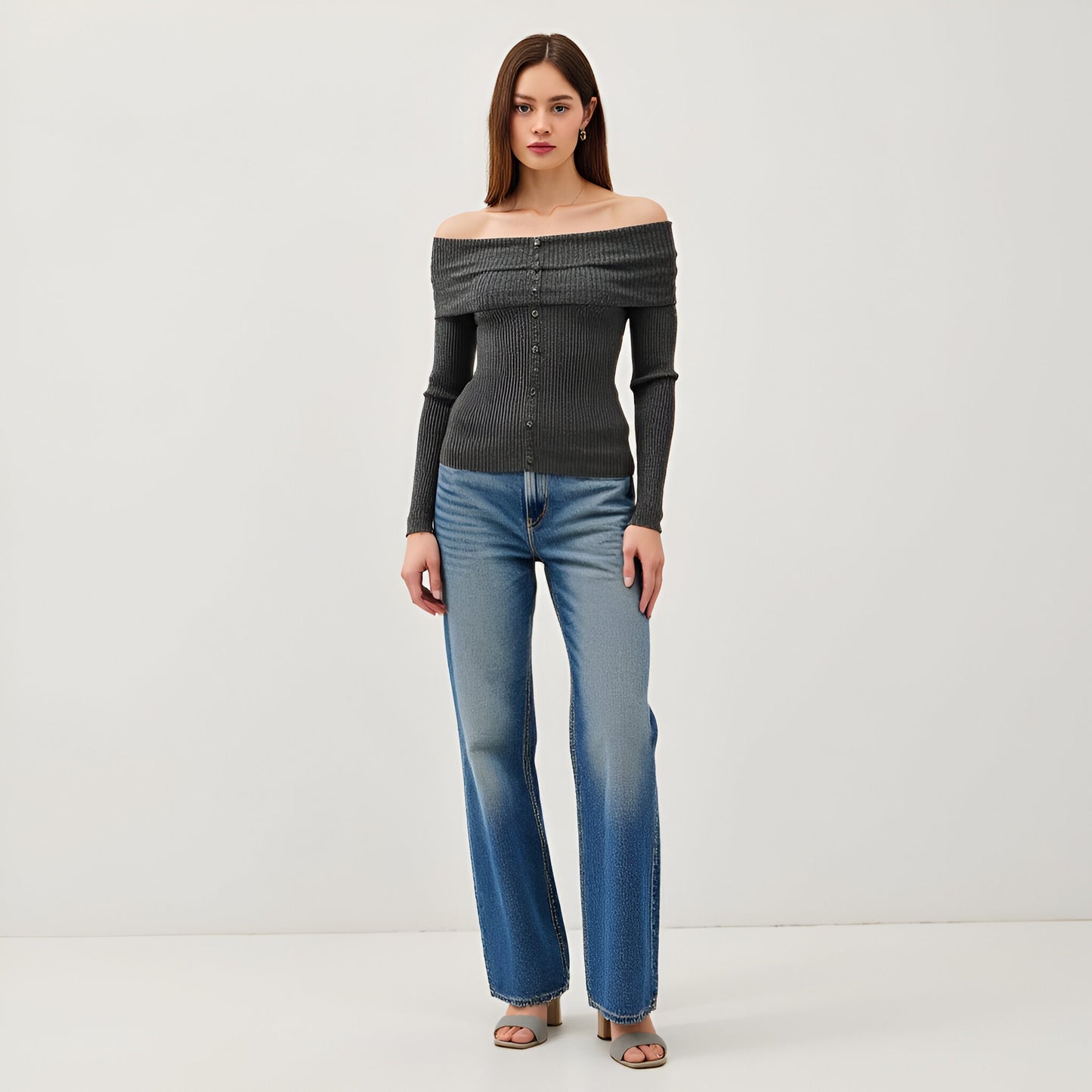 Ribbed Button-Up Long Sleeve Top with Roll Shoulder Detail