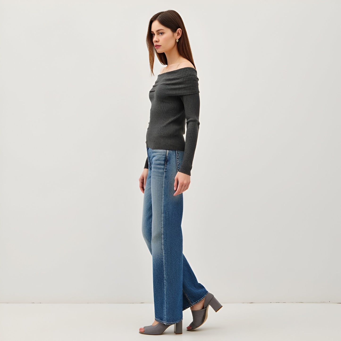 Ribbed Button-Up Long Sleeve Top with Roll Shoulder Detail