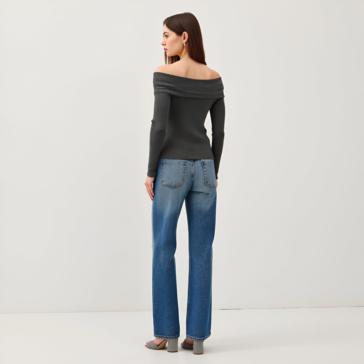 Ribbed Button-Up Long Sleeve Top with Roll Shoulder Detail