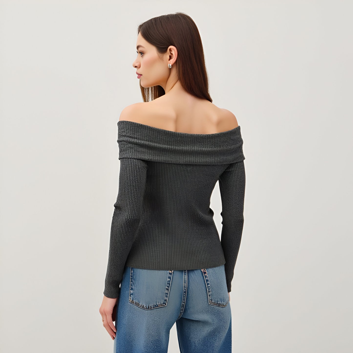 Ribbed Button-Up Long Sleeve Top with Roll Shoulder Detail