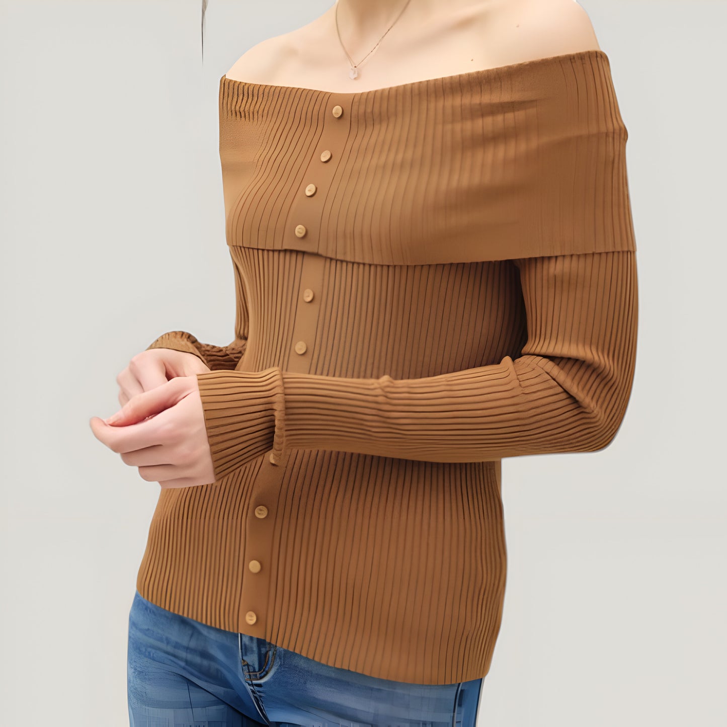 Ribbed Button-Up Long Sleeve Top with Roll Shoulder Detail