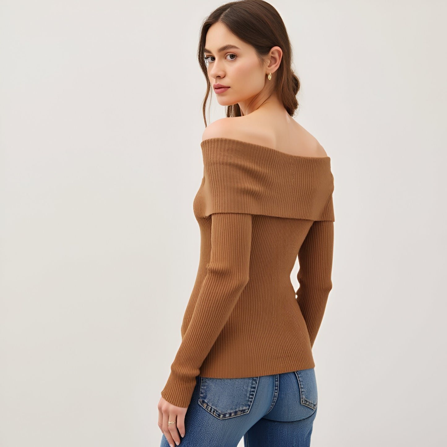 Ribbed Button-Up Long Sleeve Top with Roll Shoulder Detail